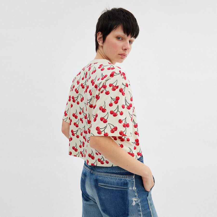 Camiseta COACH Cherry Print Cursive Signature Cropped In Organic Cotton Feminino Vermelhas | 46217OAZJ