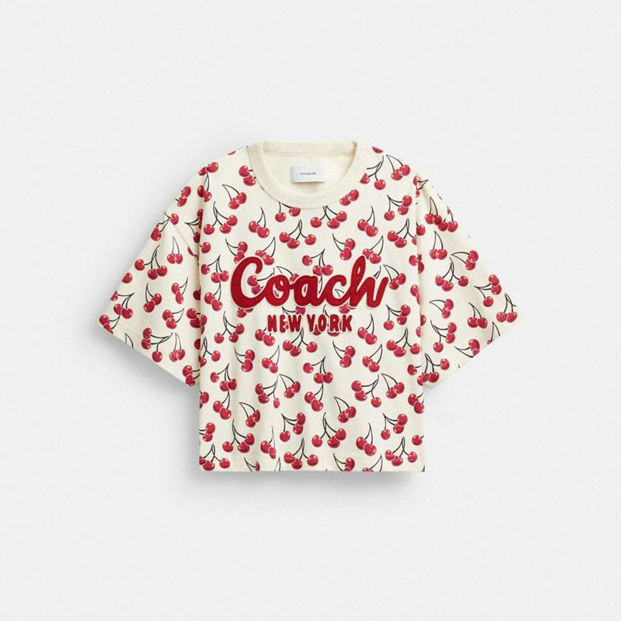 Camiseta COACH Cherry Print Cursive Signature Cropped In Organic Cotton Feminino Vermelhas | 46217OAZJ