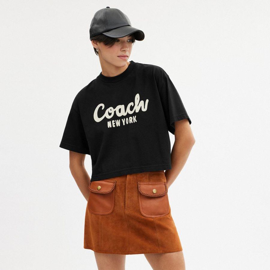 Camiseta COACH Cursive Signature Cropped Feminino Pretas | 51207ULHZ