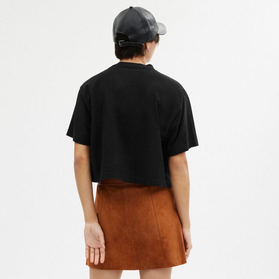Camiseta COACH Cursive Signature Cropped Feminino Pretas | 51207ULHZ