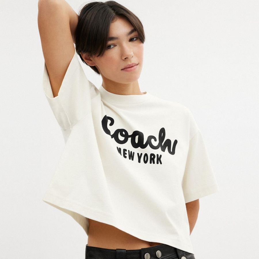 Camiseta COACH Cursive Signature Cropped Feminino Branco | 52403EIJC