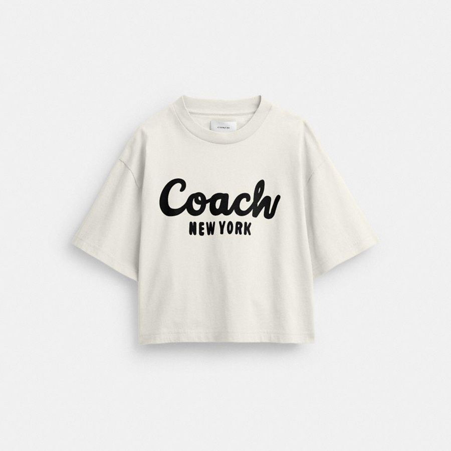 Camiseta COACH Cursive Signature Cropped Feminino Branco | 52403EIJC
