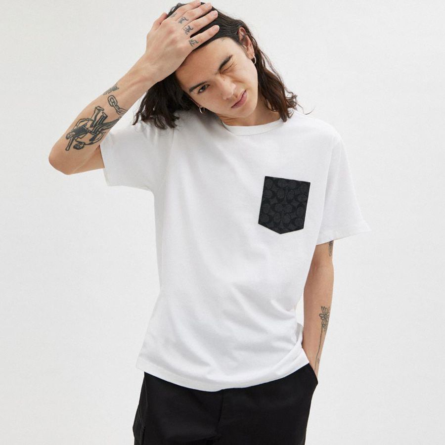 Camiseta COACH Essential Pocket Masculino Branco | 29810QZWI