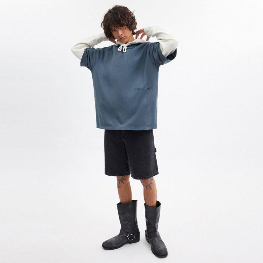 Camiseta COACH Garment Dye In Organic Cotton Masculino Azuis | 81973PRAL
