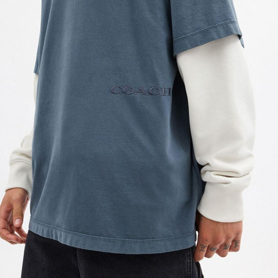 Camiseta COACH Garment Dye In Organic Cotton Masculino Azuis | 81973PRAL