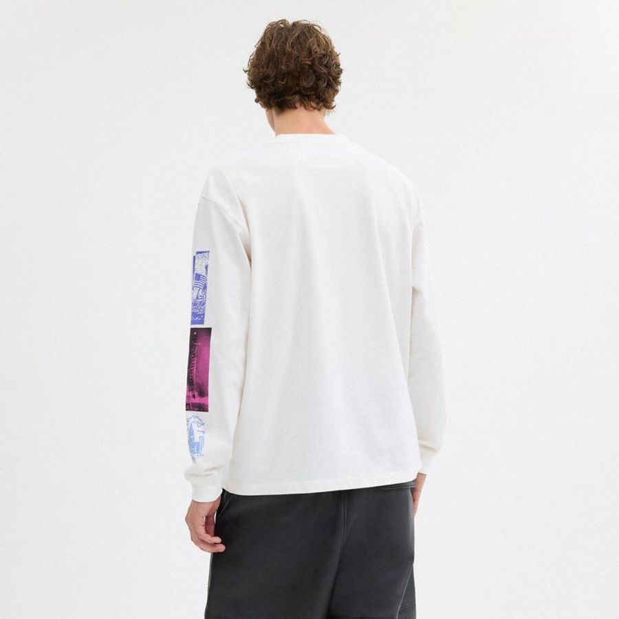 Camiseta COACH Graphic Long Sleeve In Organic Cotton Masculino Branco | 26903IFZW
