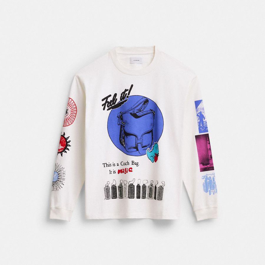 Camiseta COACH Graphic Long Sleeve In Organic Cotton Masculino Branco | 26903IFZW
