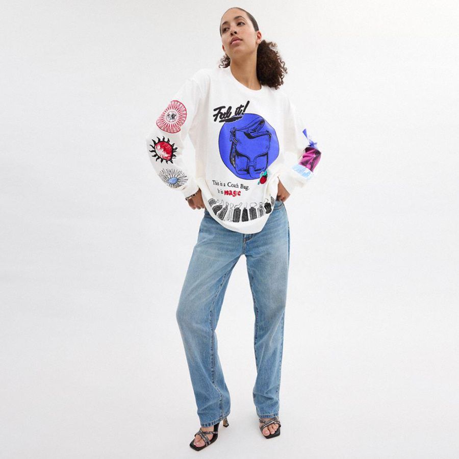 Camiseta COACH Graphic Long Sleeve In Organic Cotton Feminino Branco | 92704BGYN