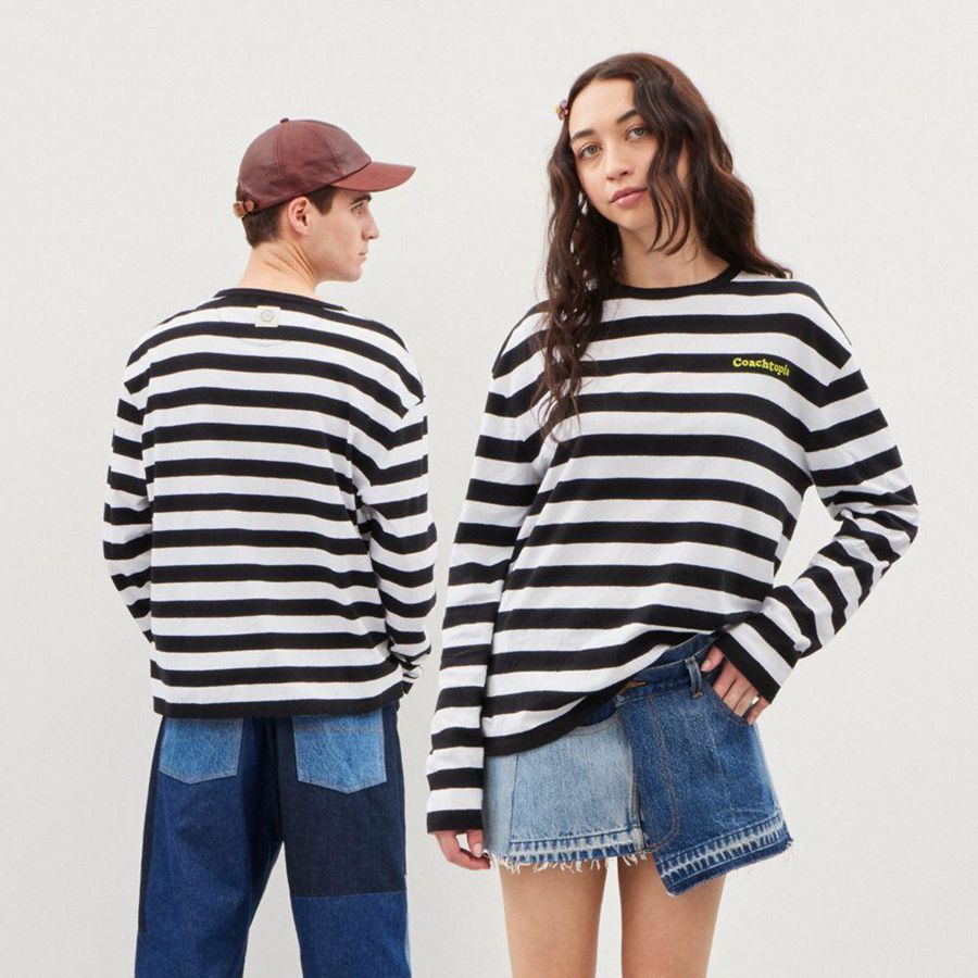 Camiseta COACH Long Sleeve With Stripe Pattern Masculino Pretas | 08159IAKT