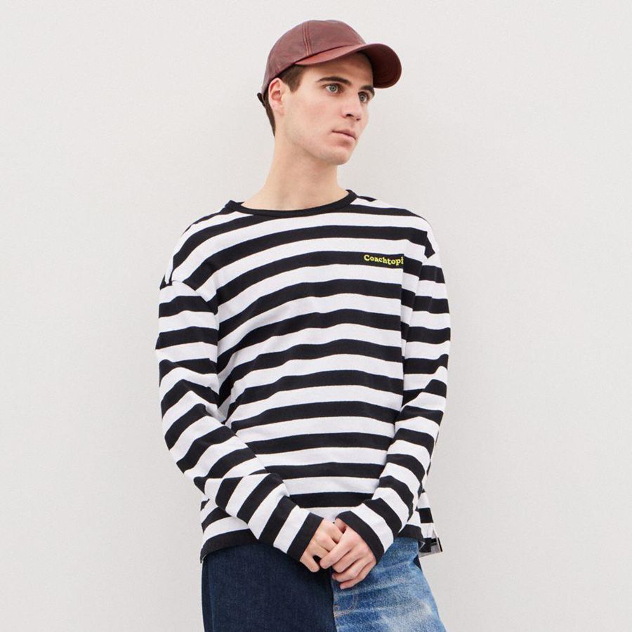 Camiseta COACH Long Sleeve With Stripe Pattern Masculino Pretas | 08159IAKT