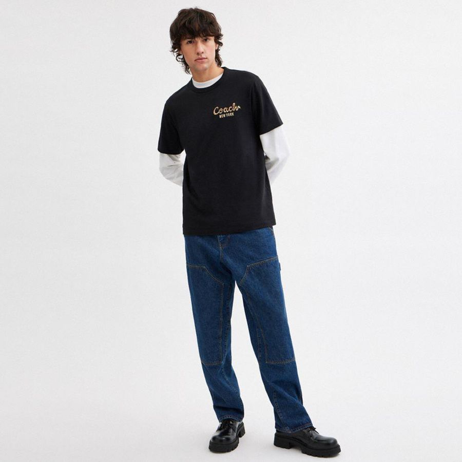 Camiseta COACH New Year Coach Snake Script In Organic Cotton Masculino Pretas | 62859ADPK