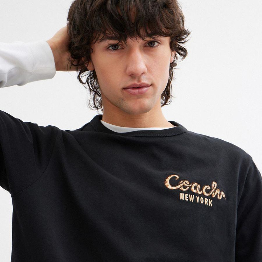 Camiseta COACH New Year Coach Snake Script In Organic Cotton Masculino Pretas | 62859ADPK