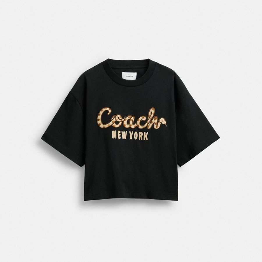 Camiseta COACH New Year Coach Snake Script Cropped In Organic Cotton Feminino Pretas | 84135YWGX