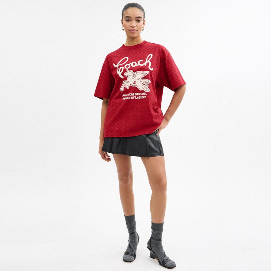 Camiseta COACH Relaxed Signature Pegasus In Organic Cotton Masculino Vermelhas | 30981FIMZ