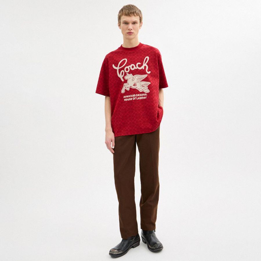 Camiseta COACH Relaxed Signature Pegasus In Organic Cotton Masculino Vermelhas | 30981FIMZ