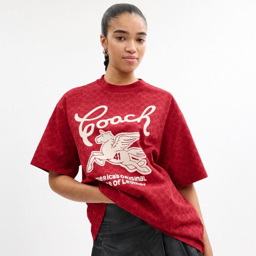 Camiseta COACH Relaxed Signature Pegasus In Organic Cotton Masculino Vermelhas | 30981FIMZ
