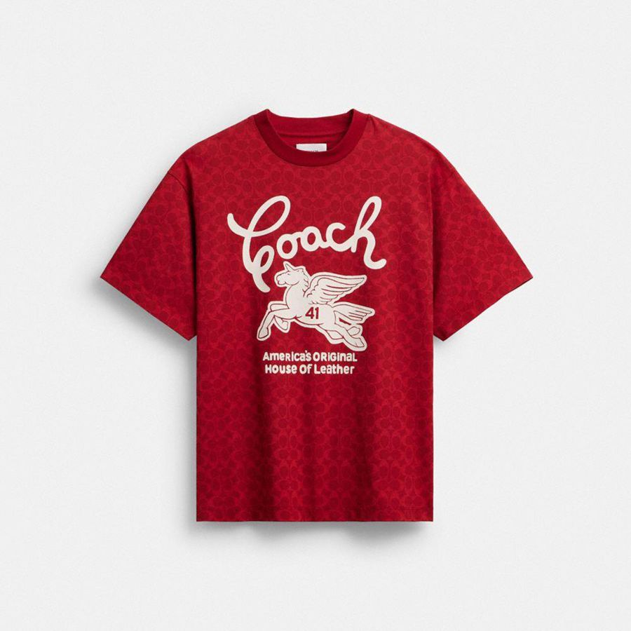 Camiseta COACH Relaxed Signature Pegasus In Organic Cotton Masculino Vermelhas | 30981FIMZ