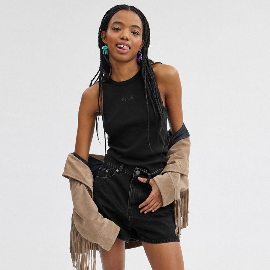 Camiseta COACH Ribbed Coach Script Tank Top Feminino Pretas | 36298XFGJ