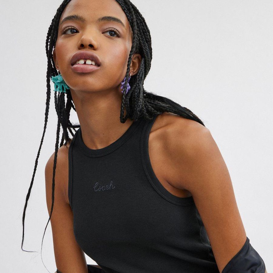 Camiseta COACH Ribbed Coach Script Tank Top Feminino Pretas | 36298XFGJ