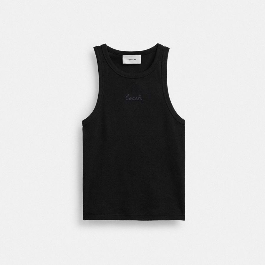 Camiseta COACH Ribbed Coach Script Tank Top Feminino Pretas | 36298XFGJ