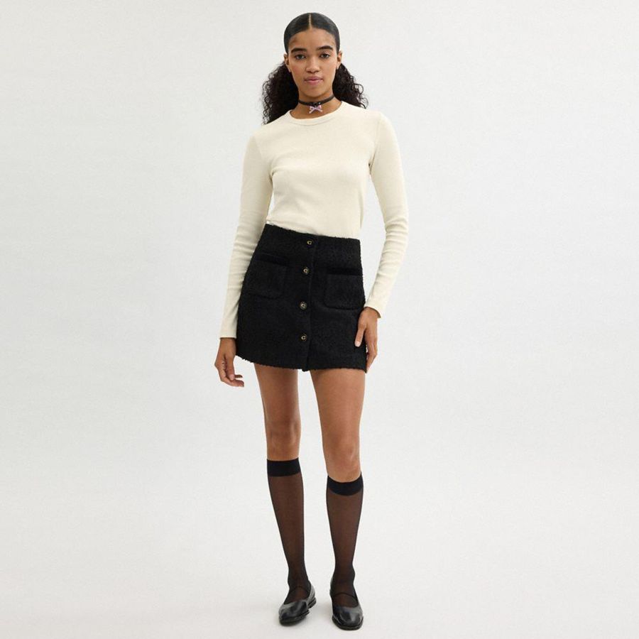 Camiseta COACH Ribbed Long Sleeve Shirt With Coach Embroidery Feminino Branco | 97642ROUC