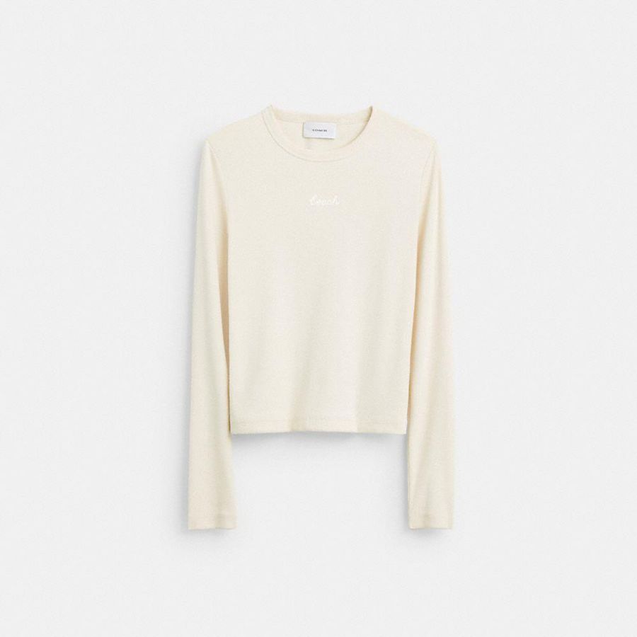 Camiseta COACH Ribbed Long Sleeve Shirt With Coach Embroidery Feminino Branco | 97642ROUC