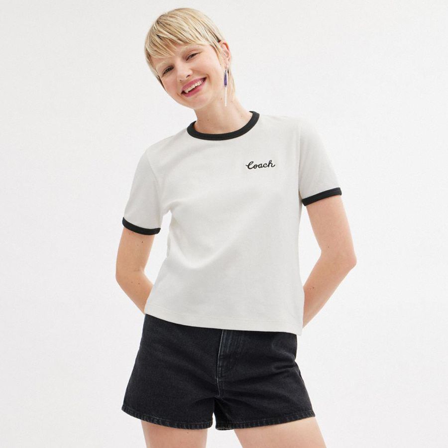 Camiseta COACH Ringer Feminino Branco | 41328NZPF