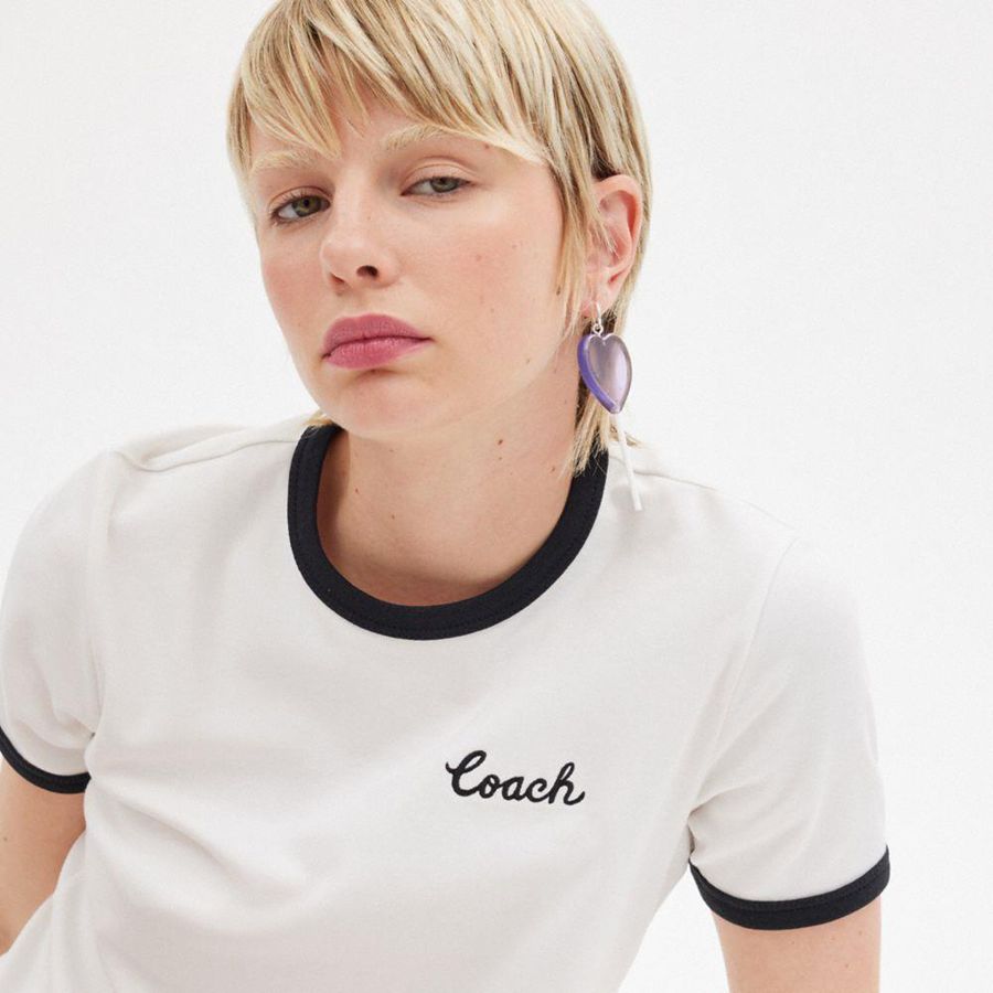 Camiseta COACH Ringer Feminino Branco | 41328NZPF