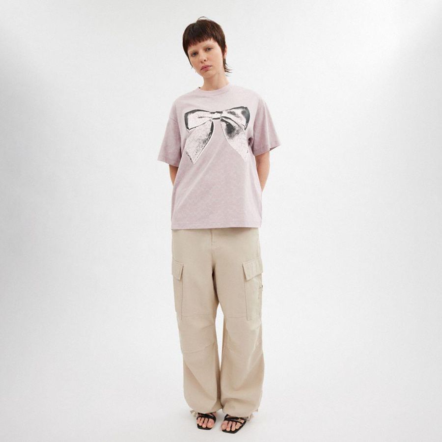 Camiseta COACH Signature Bow In Organic Cotton Feminino Rosa | 16579NOEK