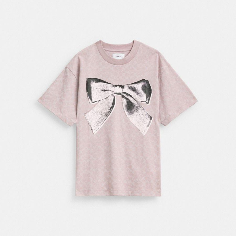 Camiseta COACH Signature Bow In Organic Cotton Feminino Rosa | 16579NOEK