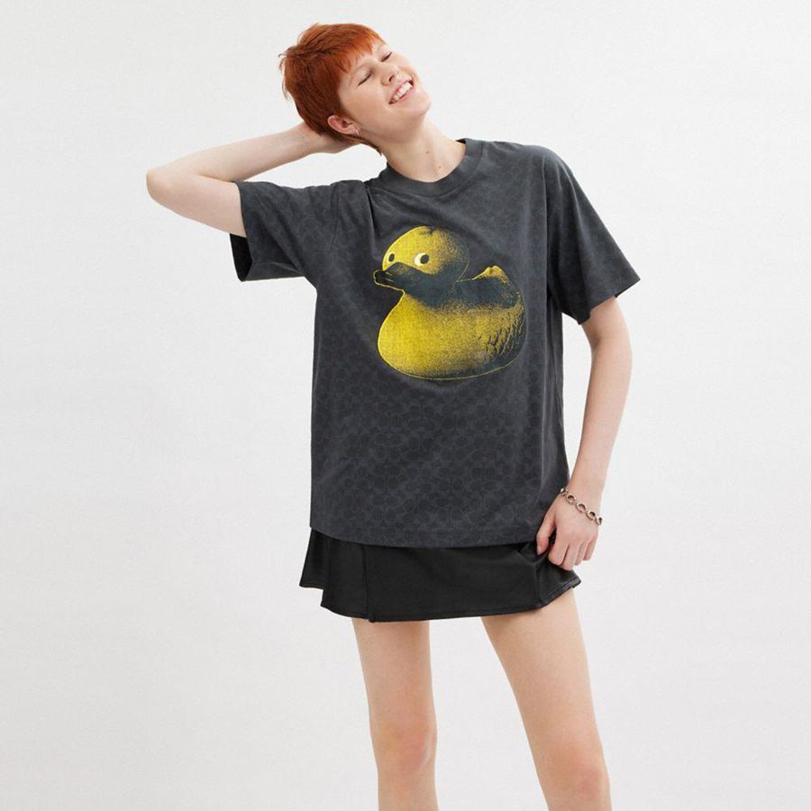 Camiseta COACH Signature Duck Relaxed In Organic Cotton Masculino Cinzentas | 30451DFIU