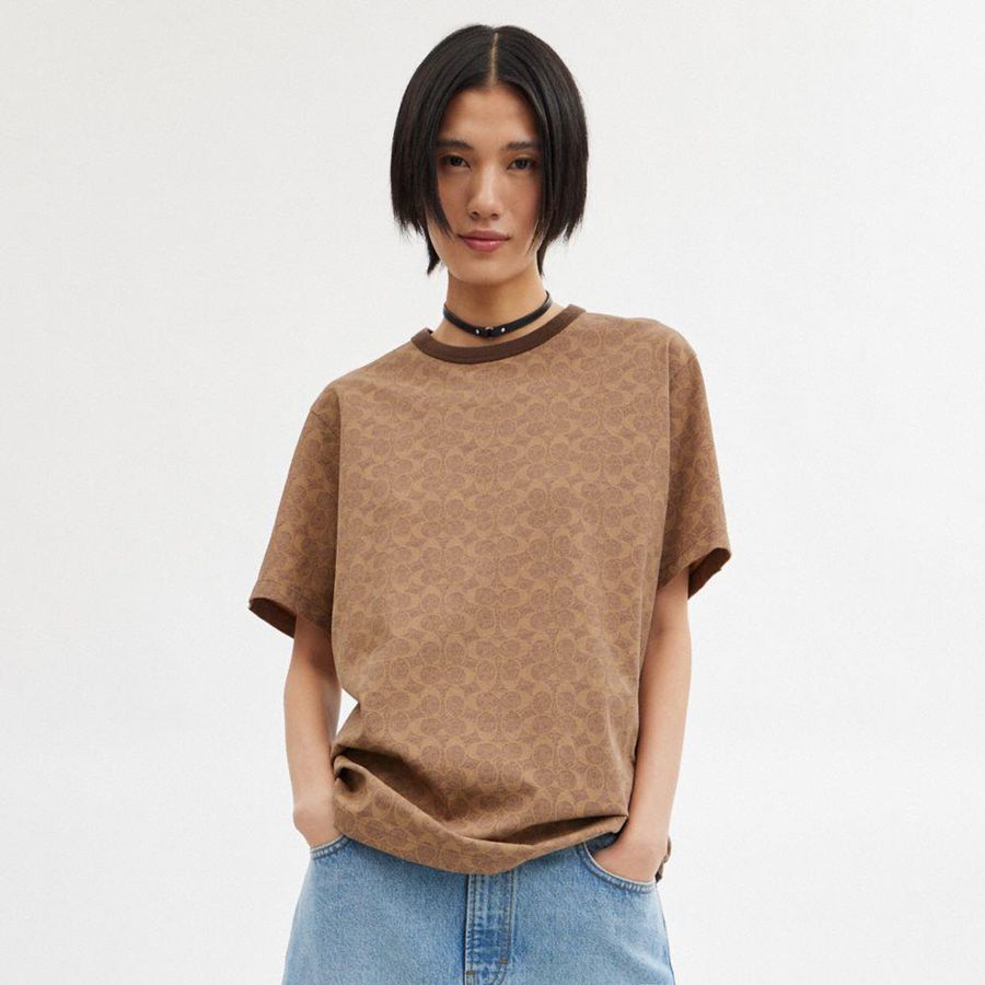 Camiseta COACH Signature Feminino Marrom | 14792NIJY