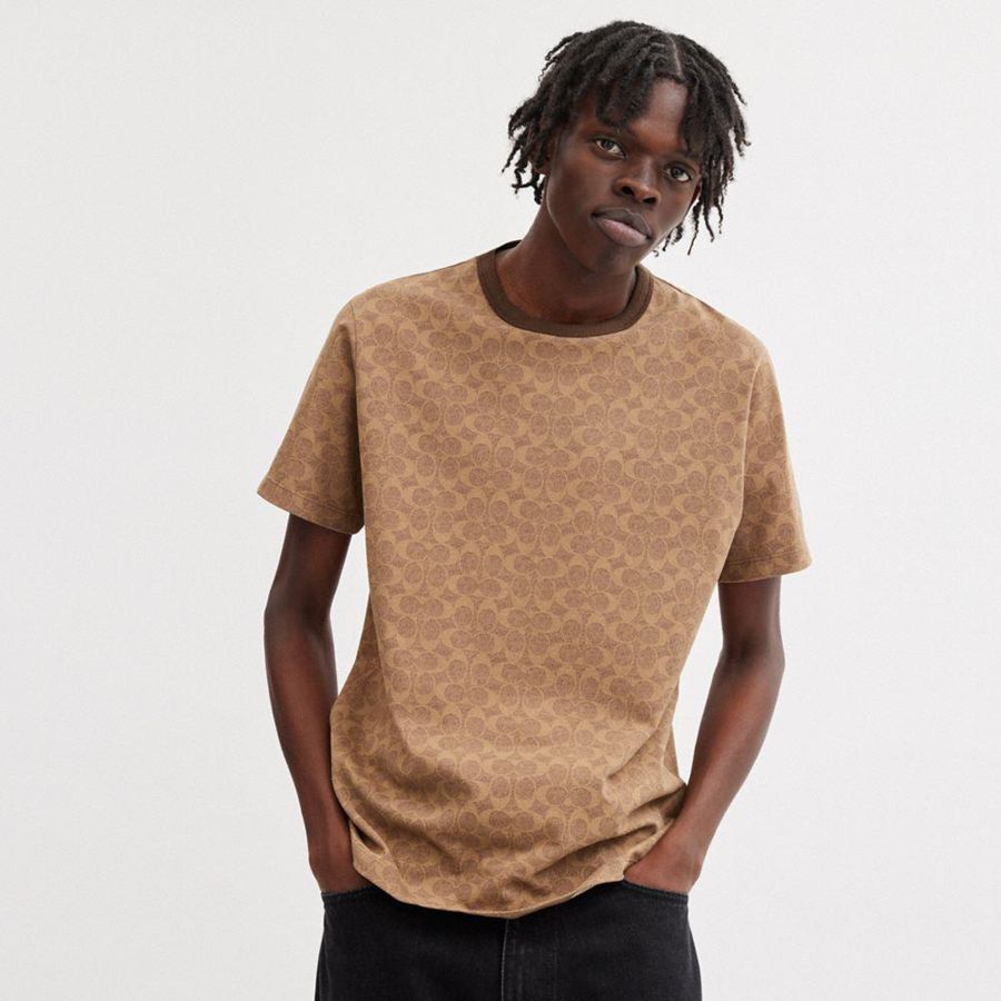 Camiseta COACH Signature Masculino Marrom | 03691YFUE