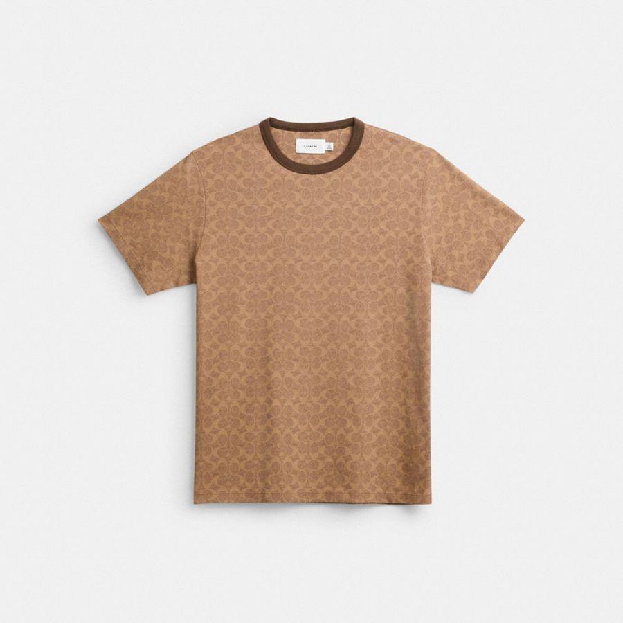 Camiseta COACH Signature Masculino Marrom | 03691YFUE
