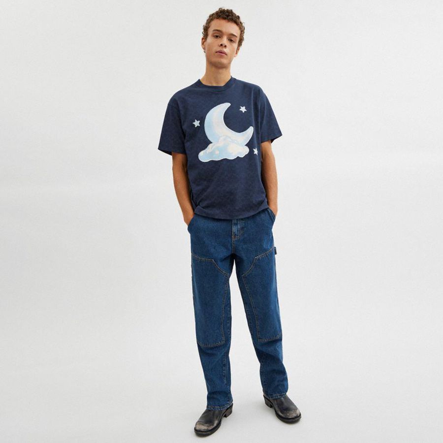 Camiseta COACH Signature Moon Relaxed In Organic Cotton Masculino Azul Marinho | 60459WQHN
