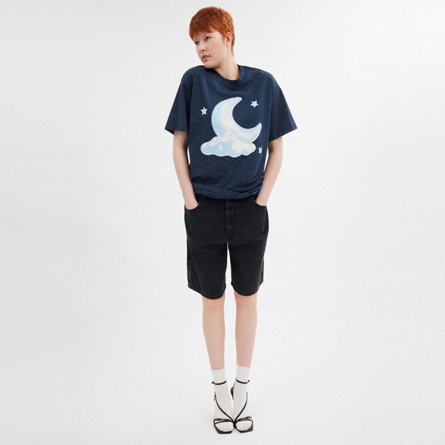 Camiseta COACH Signature Moon Relaxed In Organic Cotton Masculino Azul Marinho | 60459WQHN