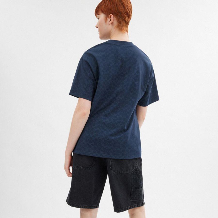 Camiseta COACH Signature Moon Relaxed In Organic Cotton Masculino Azul Marinho | 60459WQHN