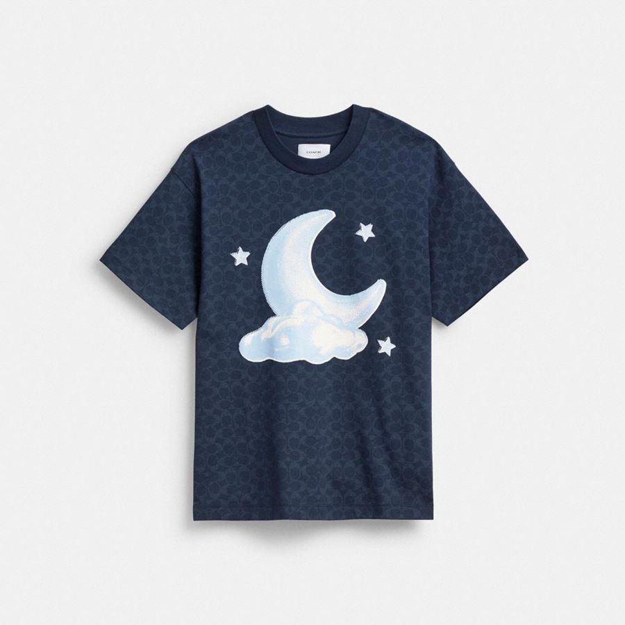 Camiseta COACH Signature Moon Relaxed In Organic Cotton Masculino Azul Marinho | 60459WQHN
