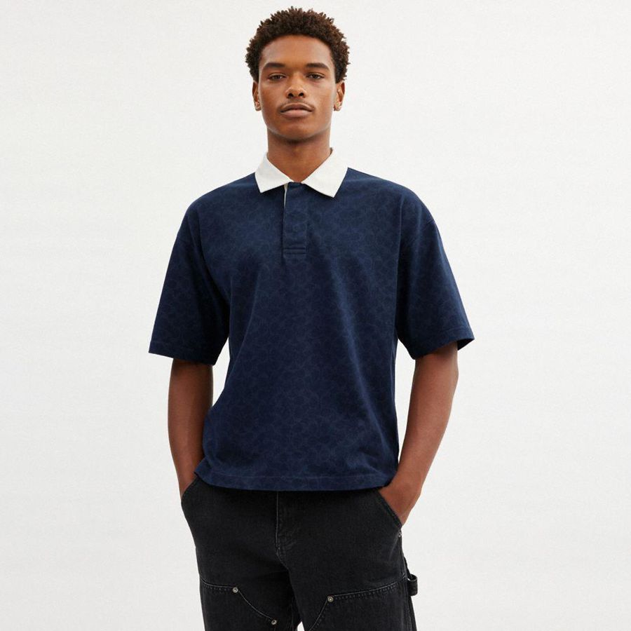 Camiseta COACH Signature Relaxed Rugby Polo In Organic Cotton Masculino Azul Marinho | 50913AWZQ