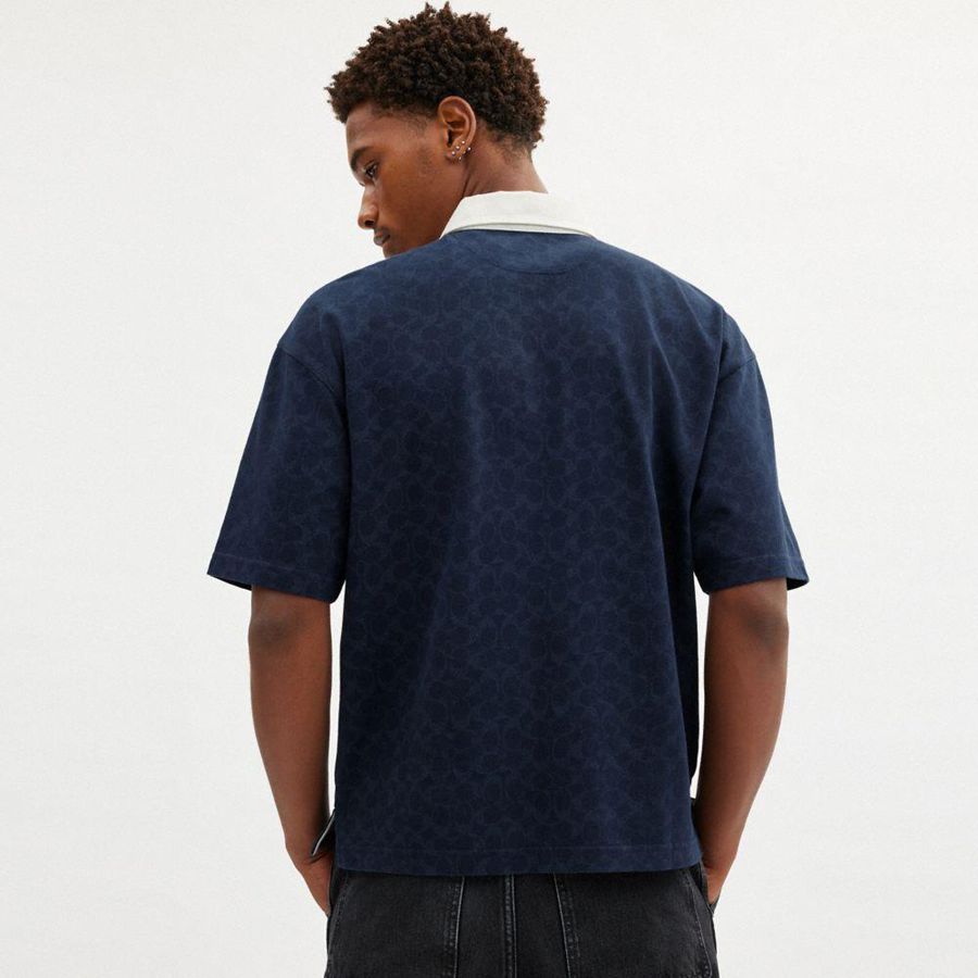 Camiseta COACH Signature Relaxed Rugby Polo In Organic Cotton Masculino Azul Marinho | 50913AWZQ