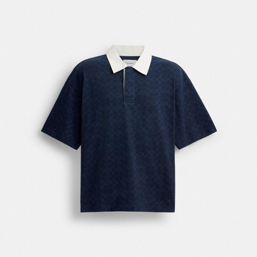 Camiseta COACH Signature Relaxed Rugby Polo In Organic Cotton Masculino Azul Marinho | 50913AWZQ