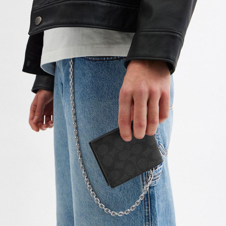 Carteira COACH Billfold With Chain In Signature Canvas Masculino Cinzentas | 62715TKYI
