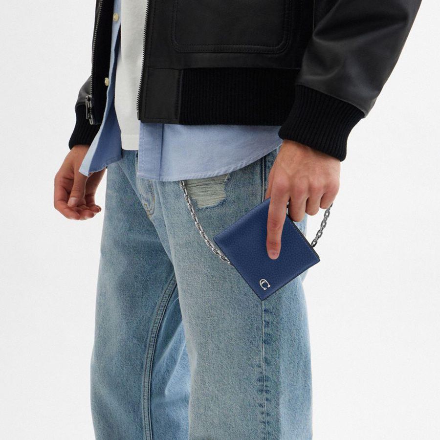 Carteira COACH Billfold With Chain Masculino Azuis | 65190TPRY