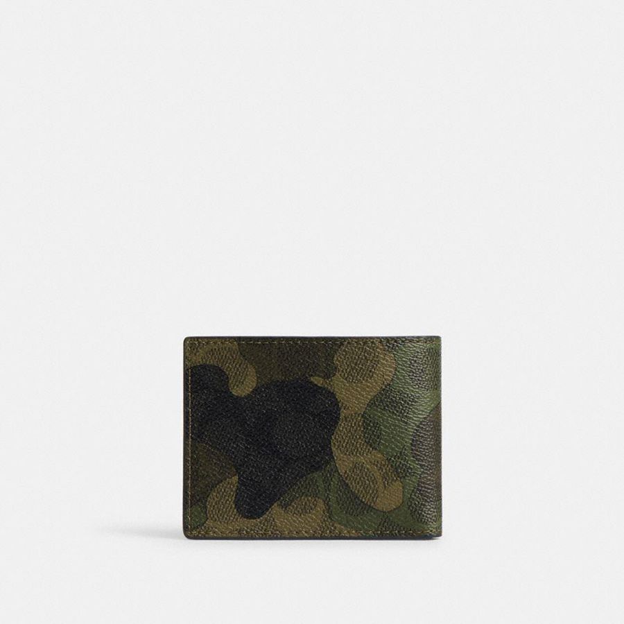 Carteira COACH Slim Billfold In Signature Camo Print Masculino Verdes | 08372SEMJ