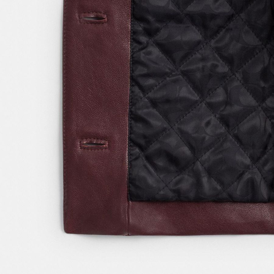 Casaco COACH Collarless Leather Feminino Bordeaux | 03674CSXN