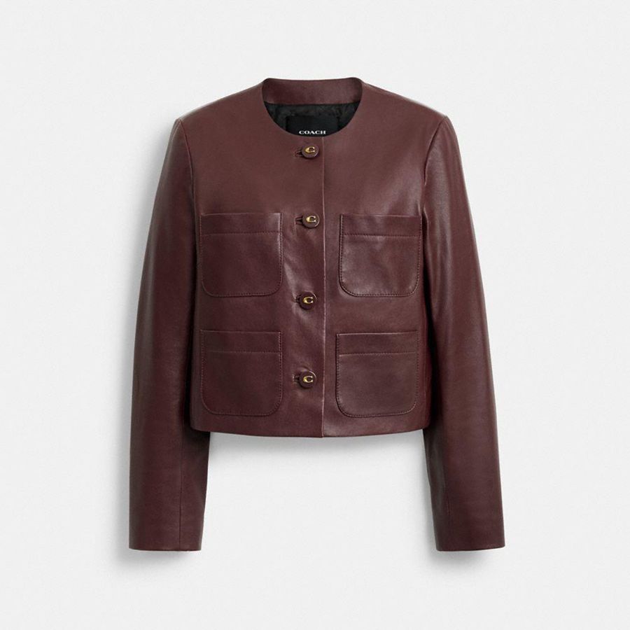 Casaco COACH Collarless Leather Feminino Bordeaux | 03674CSXN