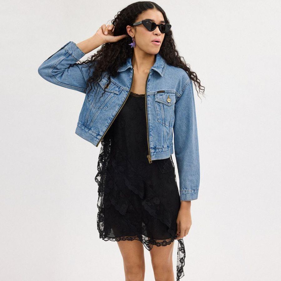 Casaco COACH Denim Crop In Organic Cotton Feminino Azuis | 61805MIYW