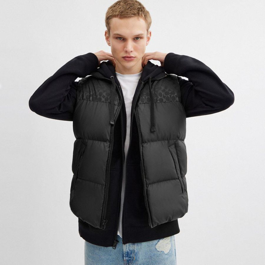 Casaco COACH Down Puffer Vest In Recycled Polyester Masculino Pretas | 19483JBPH