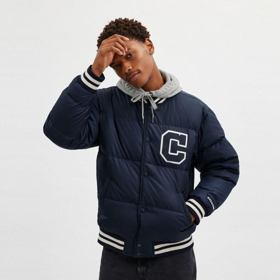 Casaco COACH Down Varsity In Recycled Polyester Masculino Azul Marinho | 30195LCWA