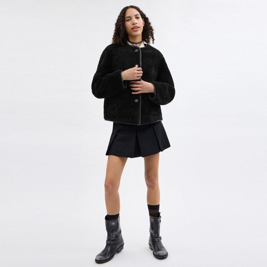 Casaco COACH Fluffy Shearling Feminino Pretas | 50679YSID